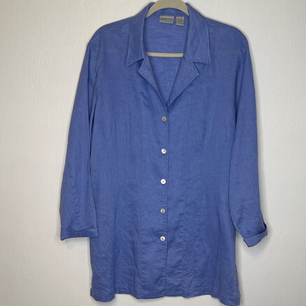 Chico’s Blue Linen Button Front Long Sleeve Shirt Size 2‎ (M/L)